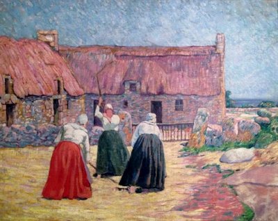 Threshing Scene or Farmyard in Benarve by Henri Delavallee